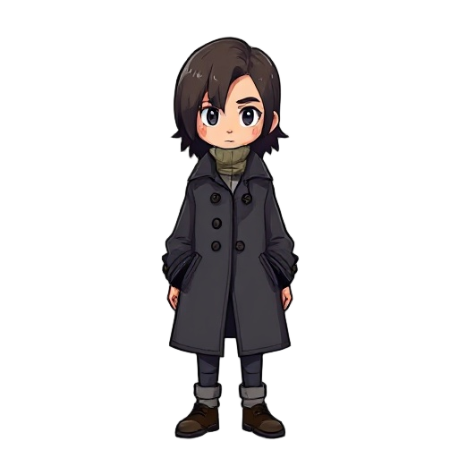 a character, who wears an overcoat, has a neutral expression and shoulder-length hair.