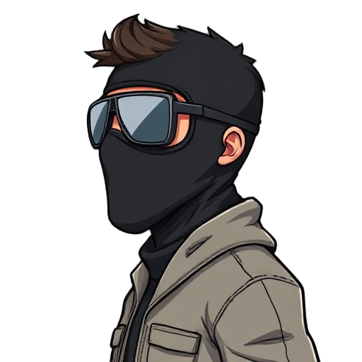 man wearing a black ski mask that covers his head, and aviator sunglasses. full body, viewed from the side.