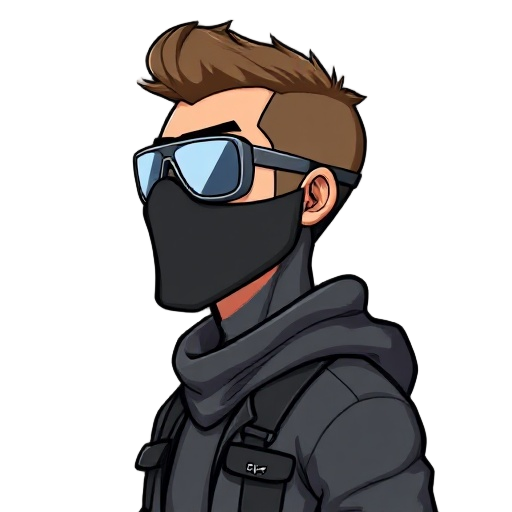 man wearing a black ski mask and aviator sunglasses. full body, viewed from the side.