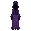 a woman in a purple robe, with a dark neckline instead of a face, mysterious patterns painted on the robe