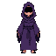 a woman in a purple robe, with a dark neckline instead of a face, mysterious patterns painted on the robe