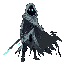 a spectral, agile warrior with a tattered cloak, glowing eyes, and a cursed blade. half-organic, half-ghost, echoing dead cells’ decay and hollow knight’s eerie silence. haunting and tragic.