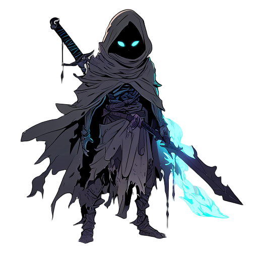 a spectral, agile warrior with a tattered cloak, glowing eyes, and a cursed blade. half-organic, half-ghost, echoing dead cells’ decay and hollow knight’s eerie silence. haunting and tragic.