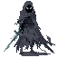 a spectral, agile warrior with a tattered cloak, glowing eyes, and a cursed blade. half-organic, half-ghost, echoing dead cells’ decay and hollow knight’s eerie silence. haunting and tragic.