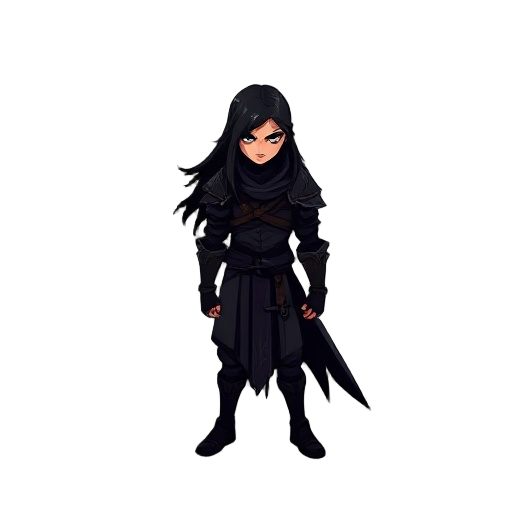 a dark and enigmatic male wandering character from a medieval fantasy, human dragon slayer with long flowing hair, wearing minimal armor. shadowy and mysterious style, inspired by don't starve and hollow knight, with moody lighting and dramatic silhouette