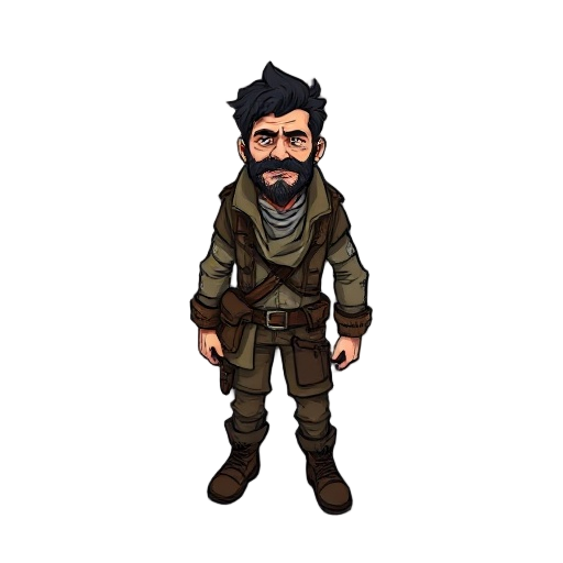 a full-body adult male character in the style of "don't starve", dark whimsical and slightly gothic, hand-drawn appearance, rugged and mature features, expressive face, rough sketchy outlines, muted earthy colors with subtle highlights, wearing adventurer