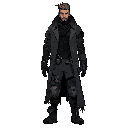 full-body, standing in idle pose, in a cyberpunk or dystopian style. the character should be a male in his 30s, rugged and mysterious, wearing a dark tactical outfit (black or deep gray tones), including a long dark coat, gloves, combat boots, and slightl