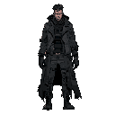 full-body, standing in idle pose, in a cyberpunk or dystopian style. the character should be a male in his 30s, rugged and mysterious, wearing a dark tactical outfit (black or deep gray tones), including a long dark coat, gloves, combat boots, and slightl