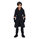 full-body, standing in idle pose, in a cyberpunk or dystopian style. the character should be a male in his 30s, rugged and mysterious, wearing a dark tactical outfit (black or deep gray tones), including a long dark coat, gloves, combat boots, and slightl