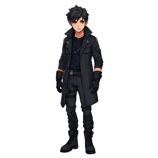 full-body, standing in idle pose, in a cyberpunk or dystopian style. the character should be a male in his 30s, rugged and mysterious, wearing a dark tactical outfit (black or deep gray tones), including a long dark coat, gloves, combat boots, and slightl