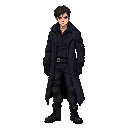 full-body, standing in idle pose, in a cyberpunk or dystopian style. the character should be a male in his 30s, rugged and mysterious, wearing a dark tactical outfit (black or deep gray tones), including a long dark coat, gloves, combat boots, and slightl