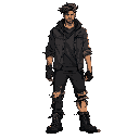 full-body, standing in idle pose, in a modern urban style. the character should be a male in his 30s, rugged and mysterious, wearing a comum urban outfit (black or deep gray tones), including a combat boots, and slightly torn clothing. his hair is short a