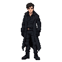 full-body, standing in idle pose, in a cyberpunk or dystopian style. the character should be a male in his 30s, rugged and mysterious, wearing a dark tactical outfit (black or deep gray tones), including a long dark coat, gloves, combat boots, and slightl