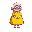 a sweet, hunched old lady in a yellow dress. for retro platformer game
