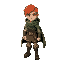 fiery red hair amber-tinged eyes, clothed in adventure suite and sturdy boots, garment is a flowing green cloak