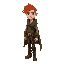 slender young man with fiery red hair that frames his sharp features. his keen, amber-tinged eyes,clothed in worn leather and sturdy boots, garment is a flowing green cloak