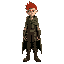 slender young man with fiery red hair that frames his sharp features. his keen, amber-tinged eyes,clothed in worn leather and sturdy boots, garment is a flowing green cloak