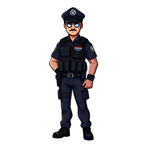 2d a police man 8 bit, dark color scheme, wearing a bullet proof vest 