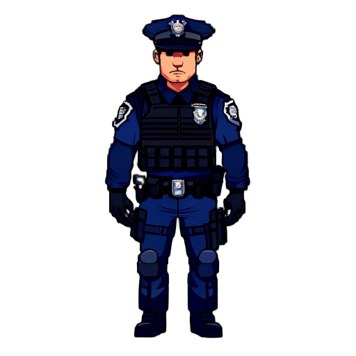 2d a police man 8 bit, dark color scheme, wearing a bullet proof vest 
