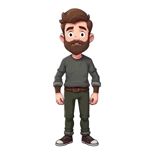 a man standing, he has a beard, brown hair, has white skin
