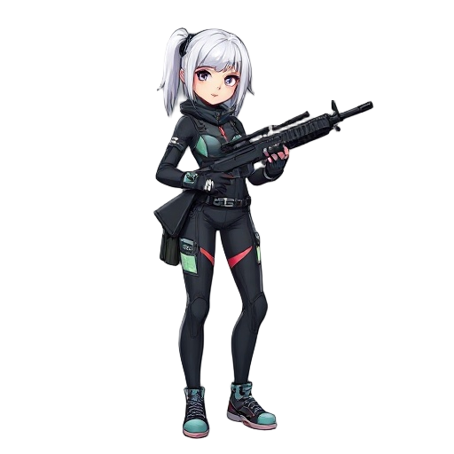 cyberpunk style bodysuit, human female, white hair, rifle