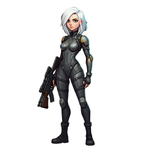 cyberpunk style bodysuit, human female, white hair, rifle
