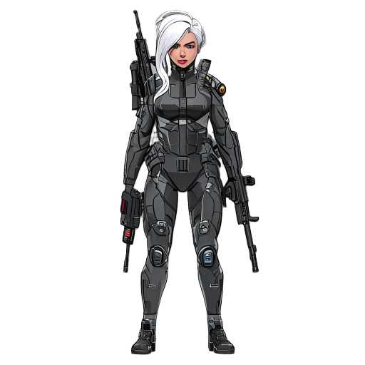 cyberpunk style bodysuit, human female, white hair, rifle