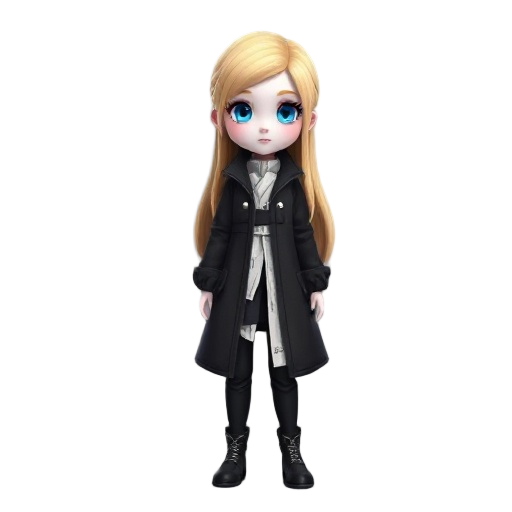 a white skinned girl , wearing rigid black coat , with blue eyes , long blond hair , facing front , full body view , wearing black trousers , strinps of white clothes on her outfit 