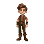 medieval farmer boy with brown hair and blue eyes, wearing brown shirt, and pants where left leg is green and the right leg is red, leather boots