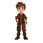 medieval farmer boy with brown hair and blue eyes, wearing brown shirt, and pants where left leg is green and the right leg is red, leather boots