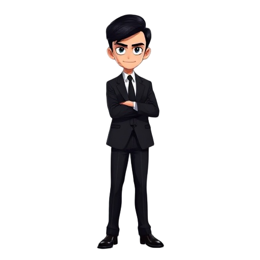a secret agent character in a perfectly fitted classic black suit and tie, with sleek black hair