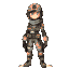 a rogulike game character,she wears a rugged, high-tech survival suit with a cracked visor, exposed wiring, and patches from various missions. her helmet features a dimly lit hud that flickers occasionally, emphasizing her rough circumstances.