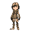 a rogulike game character,she wears a rugged, high-tech survival suit with a cracked visor, exposed wiring, and patches from various missions. her helmet features a dimly lit hud that flickers occasionally, emphasizing her rough circumstances.