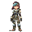 a roguelike female game character space warrior with a rugged, high-tech survival suit with a cracked visor, exposed wiring, and patches from various missions.