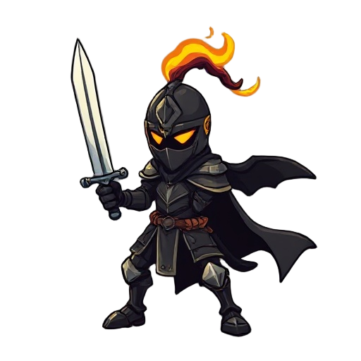 eu quero um cavaleiro negro com uma armadura preta que solta fumaça pelo pescoço com uma espada flamejante que solta uma chama negra