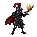 eu quero um cavaleiro negro com uma armadura preta que solta fumaça pelo pescoço com uma espada flamejante que solta uma chama negra