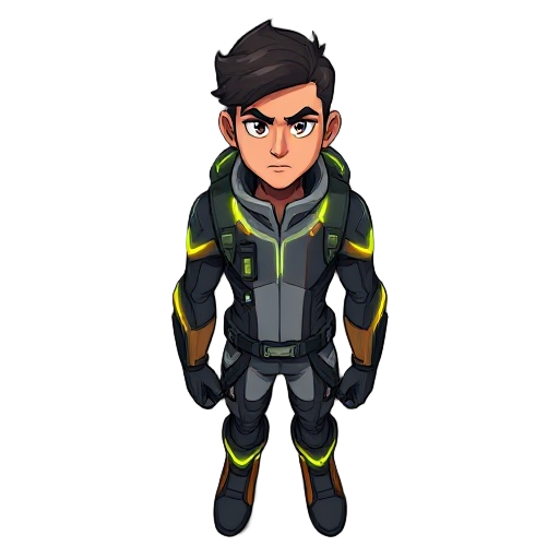 a human wearing a sleek futuristic suit with glowing temporal accents has a  short practical hairstyle and has a  serious expression on the face and with a small backpack for time-travel gadgets.
