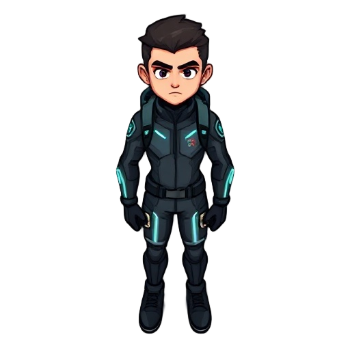 a pixelated human wearing a sleek futuristic suit with glowing temporal accents has a  short practical hairstyle and has a  serious expression on the face and with a small backpack for time-travel gadgets.