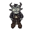 a quirky monster farmer, top-down view, big round eyes, crooked smile, oversized boots, glowing amulet, plaid shirt, caring for spooky creatures, weird but friendly, supernatural vibe