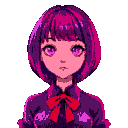 young female, cyberpunk style, bob-cut hair in red and purple, glowing eyes, soft expression, retro-futuristic blouse with ribbon, dark background, neon accents, and glowing effects.