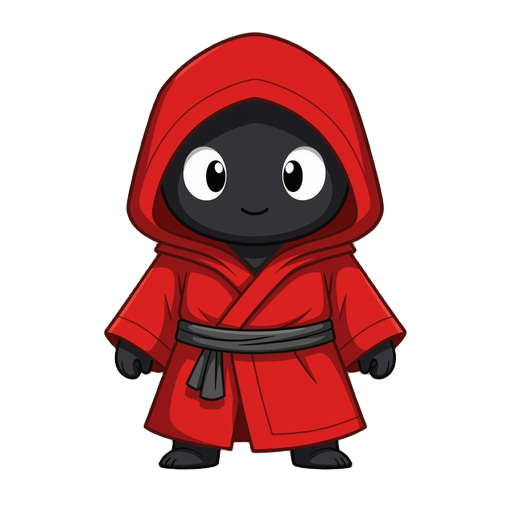 small character in red robe, with black face, white eyes