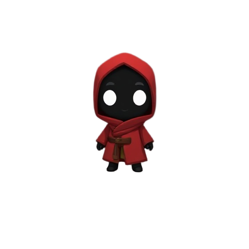 small character with red robe and black face with white eyes