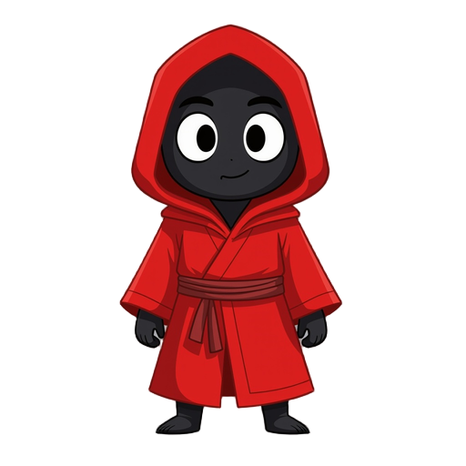 small character with red robe and black face with white eyes