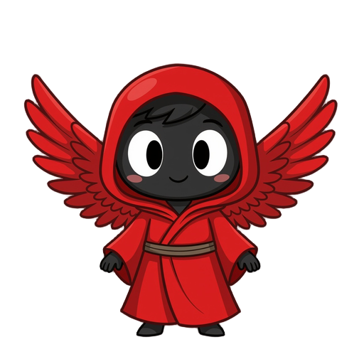 small character with red robe and black face like an angel with white eyes