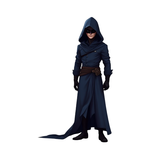 a tall figure cloaked in deep navy blue, with a masculine silhouette and a shadowy mask.