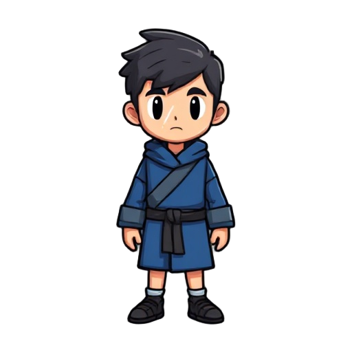 pixel character wearing a blue rob  gray with s a single white line on that face