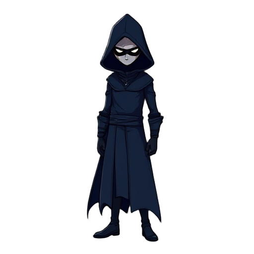 a tall figure cloaked in deep navy blue, with a masculine silhouette and a shadowy mask.
