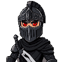 a black knight in greek garb, with a closed helmet, red eyes and a double-edged sword