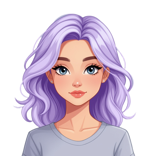 young female, pale lavender flowy hair, calm looking, black eyes.
