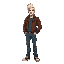 side scroll view. 2 meter long male character with white hair , brown leather jacket and blue jeans. muscular build. 
